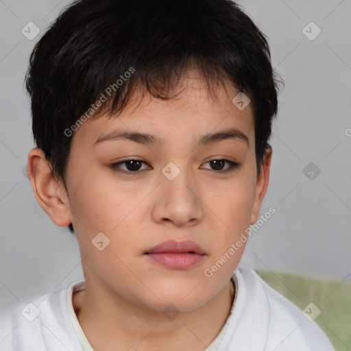 Neutral asian young-adult female with short  brown hair and brown eyes