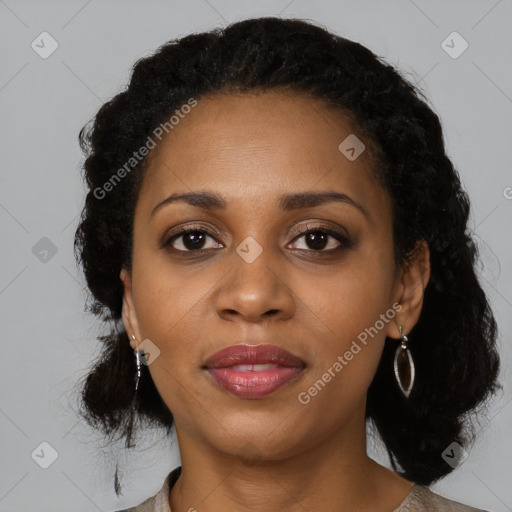 Joyful black young-adult female with medium  black hair and brown eyes