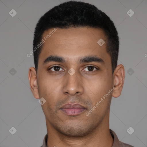 Neutral latino young-adult male with short  black hair and brown eyes