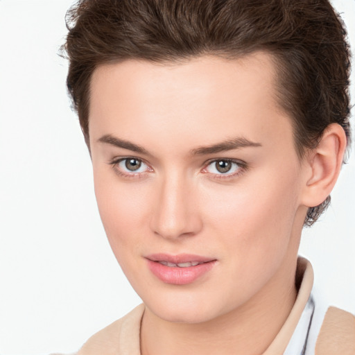 Neutral white young-adult female with short  brown hair and brown eyes