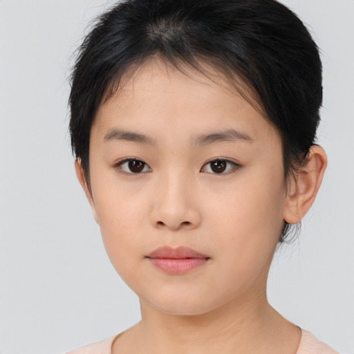 Neutral asian young-adult female with short  brown hair and brown eyes