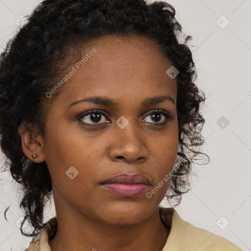 Neutral black young-adult female with medium  brown hair and brown eyes