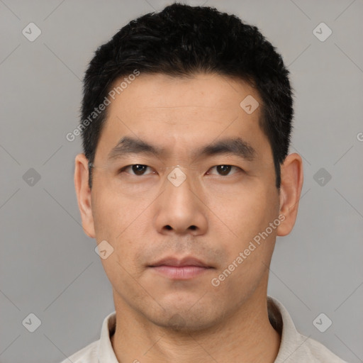 Neutral asian young-adult male with short  black hair and brown eyes