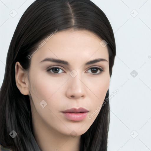 Neutral white young-adult female with long  brown hair and brown eyes