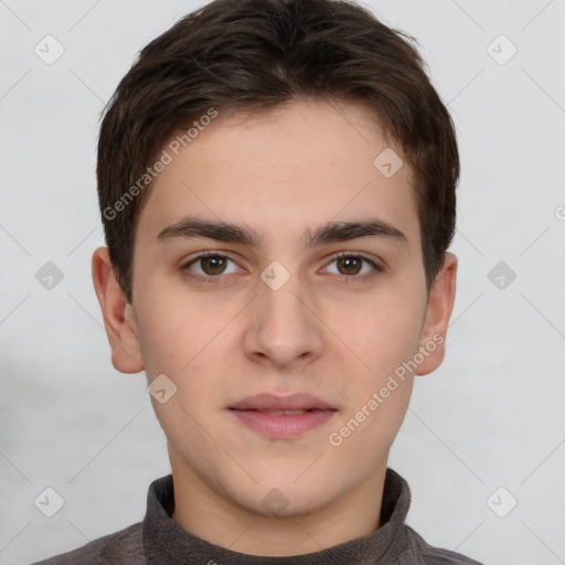 Neutral white young-adult male with short  brown hair and brown eyes