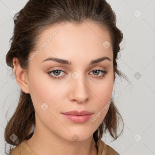 Neutral white young-adult female with medium  brown hair and brown eyes