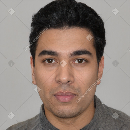 Neutral latino young-adult male with short  black hair and brown eyes