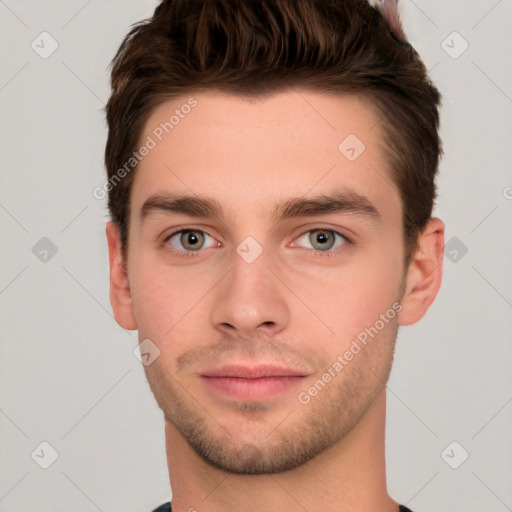 Neutral white young-adult male with short  brown hair and brown eyes