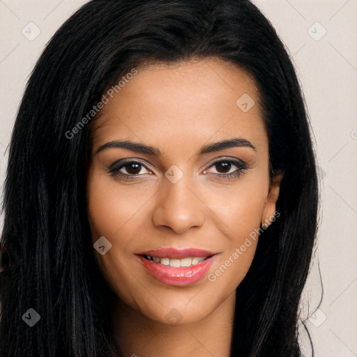 Joyful latino young-adult female with long  brown hair and brown eyes