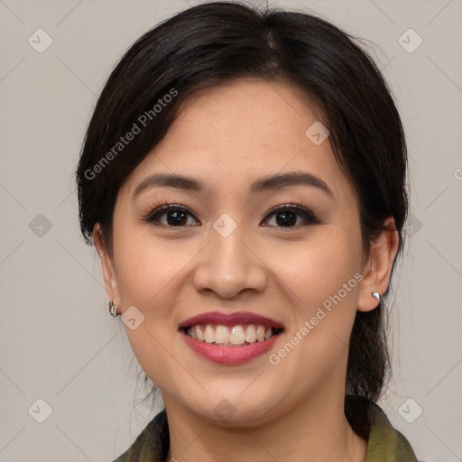 Joyful white young-adult female with medium  brown hair and brown eyes