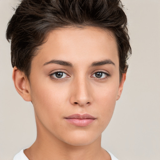 Neutral white young-adult female with short  brown hair and brown eyes