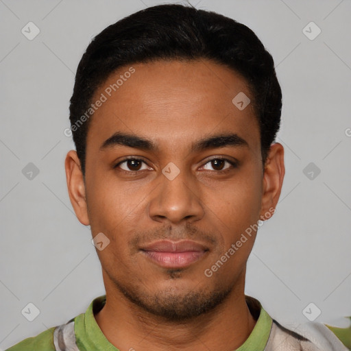Neutral latino young-adult male with short  black hair and brown eyes