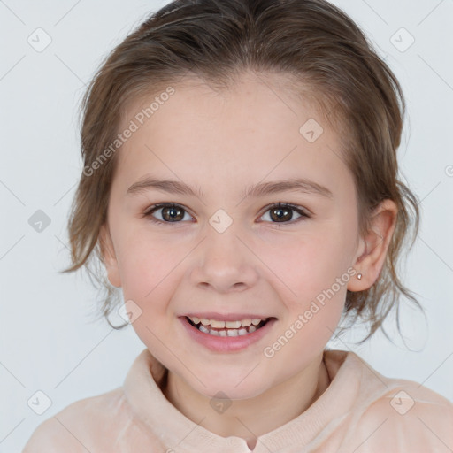 Joyful white child female with medium  brown hair and brown eyes