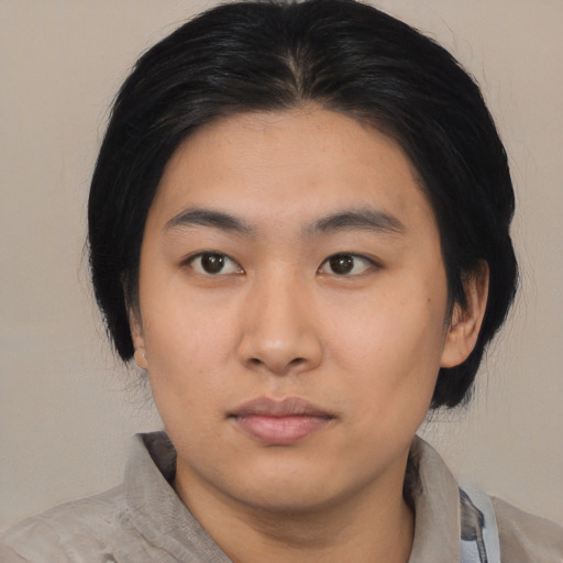 Neutral asian young-adult male with medium  black hair and brown eyes