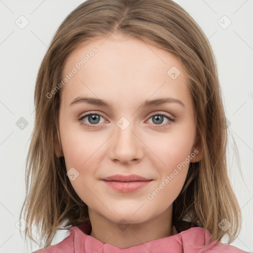 Joyful white child female with medium  brown hair and grey eyes