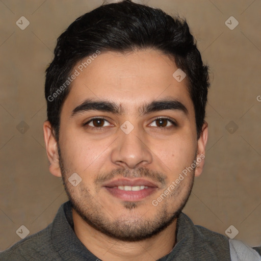 Joyful white young-adult male with short  black hair and brown eyes