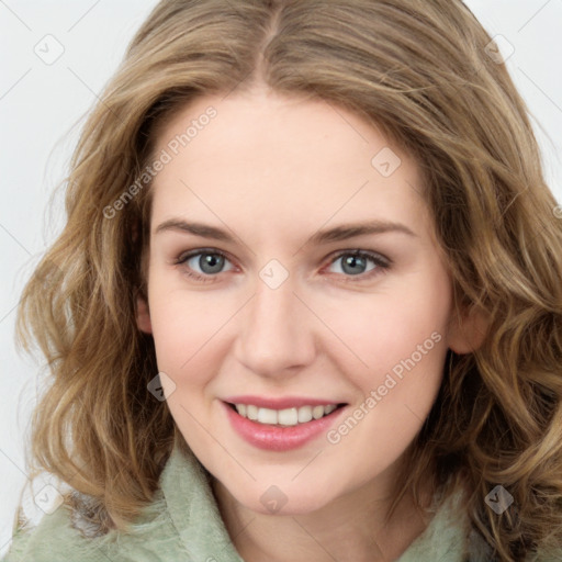 Joyful white young-adult female with medium  brown hair and green eyes