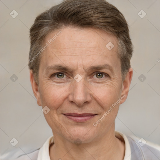 Joyful white middle-aged male with short  brown hair and brown eyes