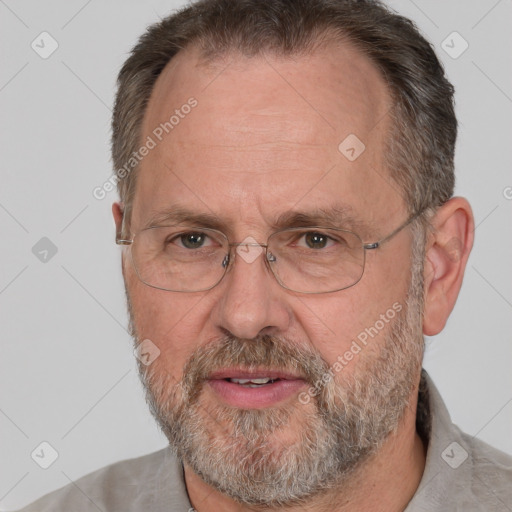 Neutral white middle-aged male with short  brown hair and brown eyes