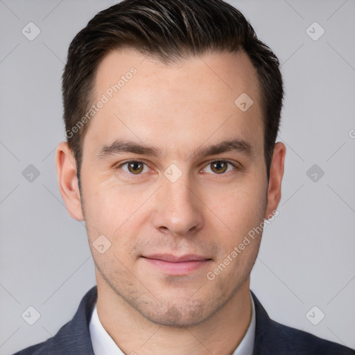 Neutral white young-adult male with short  brown hair and brown eyes