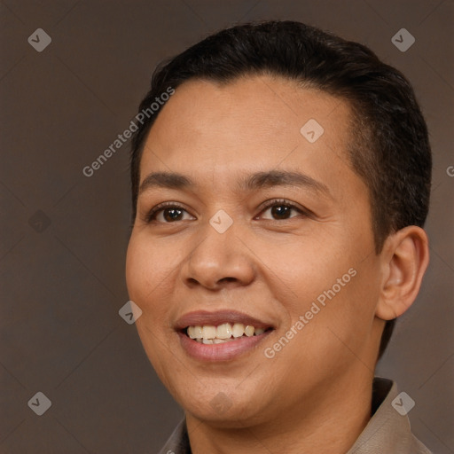 Joyful white young-adult female with short  brown hair and brown eyes