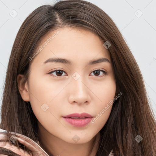 Neutral white young-adult female with long  brown hair and brown eyes