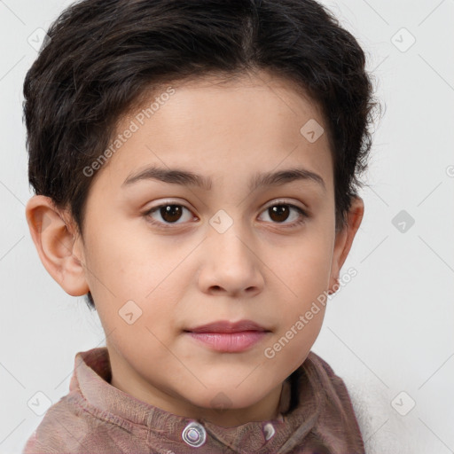 Joyful white child female with short  brown hair and brown eyes