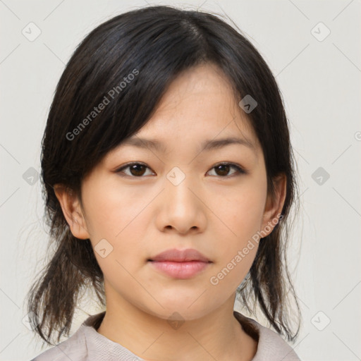 Neutral asian young-adult female with medium  brown hair and brown eyes