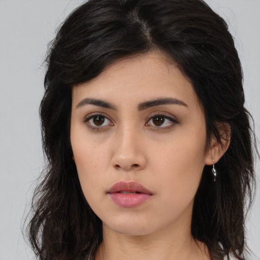 Neutral asian young-adult female with long  brown hair and brown eyes