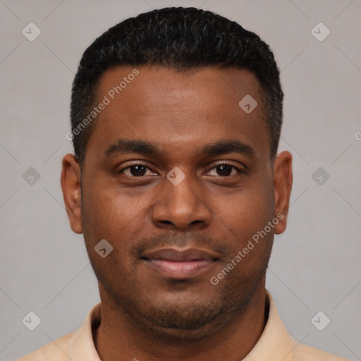Neutral latino young-adult male with short  black hair and brown eyes