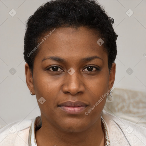 Joyful black young-adult female with short  brown hair and brown eyes