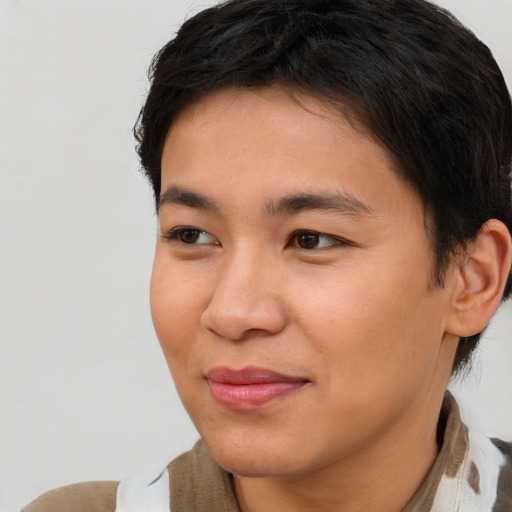 Joyful asian young-adult female with short  brown hair and brown eyes