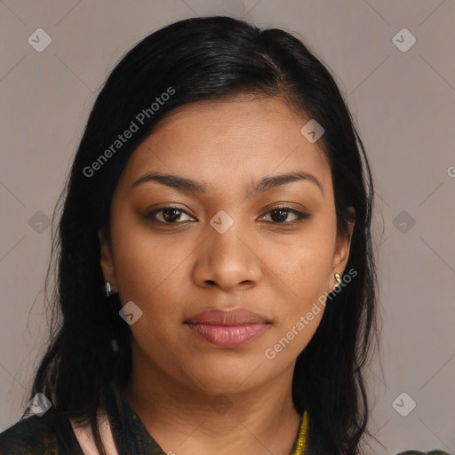 Joyful latino young-adult female with long  brown hair and brown eyes