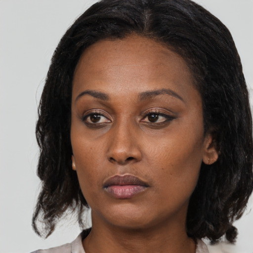 Neutral black young-adult female with medium  black hair and brown eyes