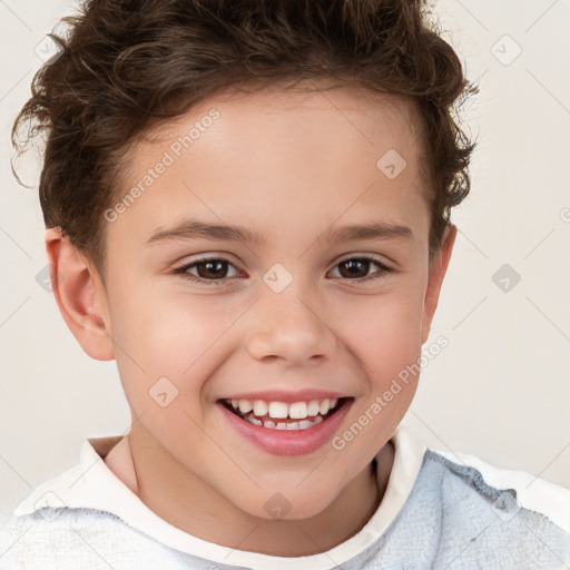 Joyful white child female with short  brown hair and brown eyes