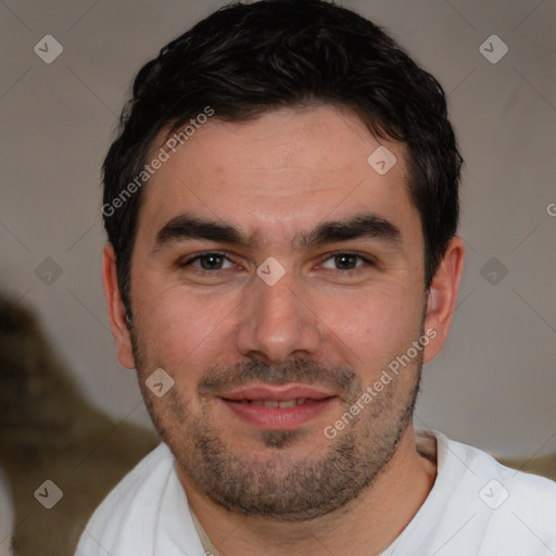 Joyful white young-adult male with short  brown hair and brown eyes