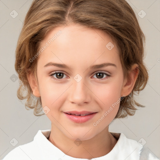 Joyful white child female with medium  brown hair and brown eyes