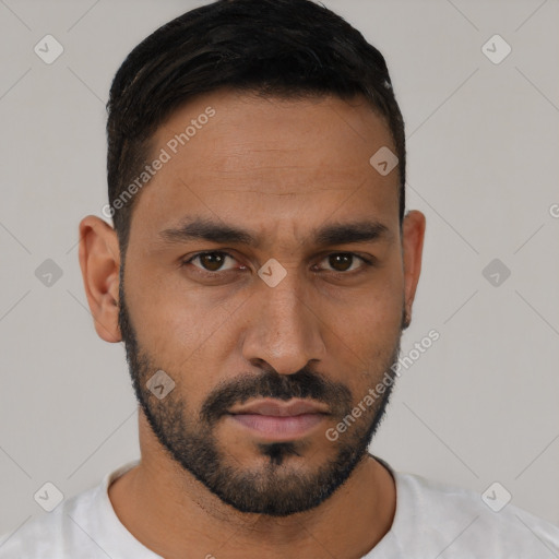 Neutral white young-adult male with short  black hair and brown eyes