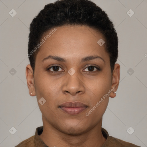 Joyful latino young-adult female with short  black hair and brown eyes