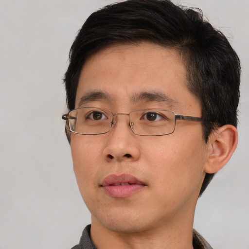 Neutral asian adult male with short  brown hair and brown eyes