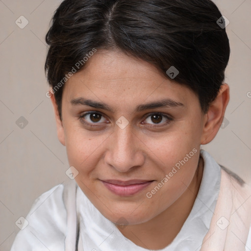 Joyful white young-adult female with short  brown hair and brown eyes