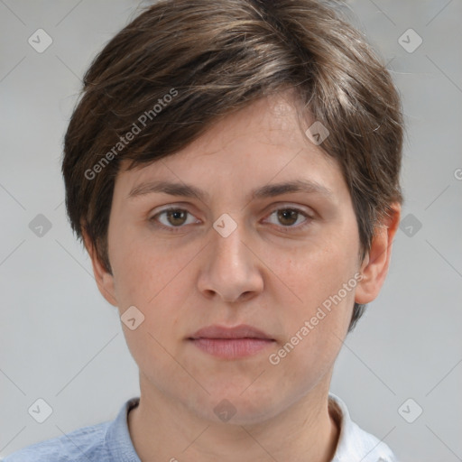 Joyful white adult female with short  brown hair and grey eyes