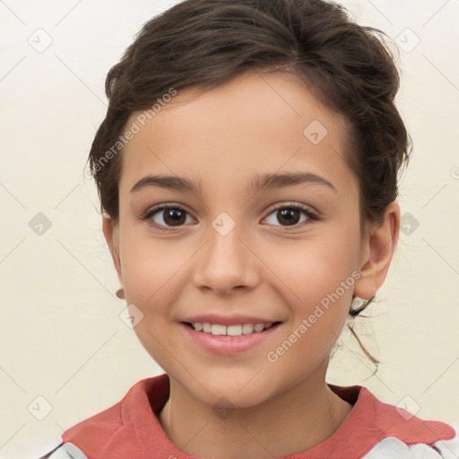 Joyful white child female with medium  brown hair and brown eyes