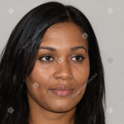 Joyful asian young-adult female with long  brown hair and brown eyes