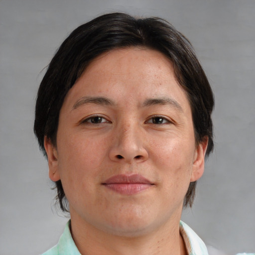 Neutral asian adult female with medium  brown hair and brown eyes