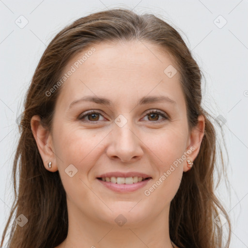 Joyful white young-adult female with long  brown hair and grey eyes