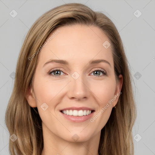 Joyful white young-adult female with long  brown hair and grey eyes