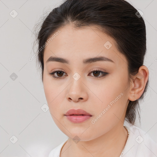 Neutral white young-adult female with long  brown hair and brown eyes