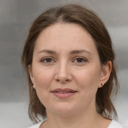 Joyful white adult female with medium  brown hair and grey eyes