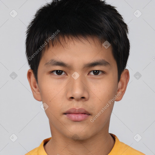 Neutral asian young-adult male with short  brown hair and brown eyes